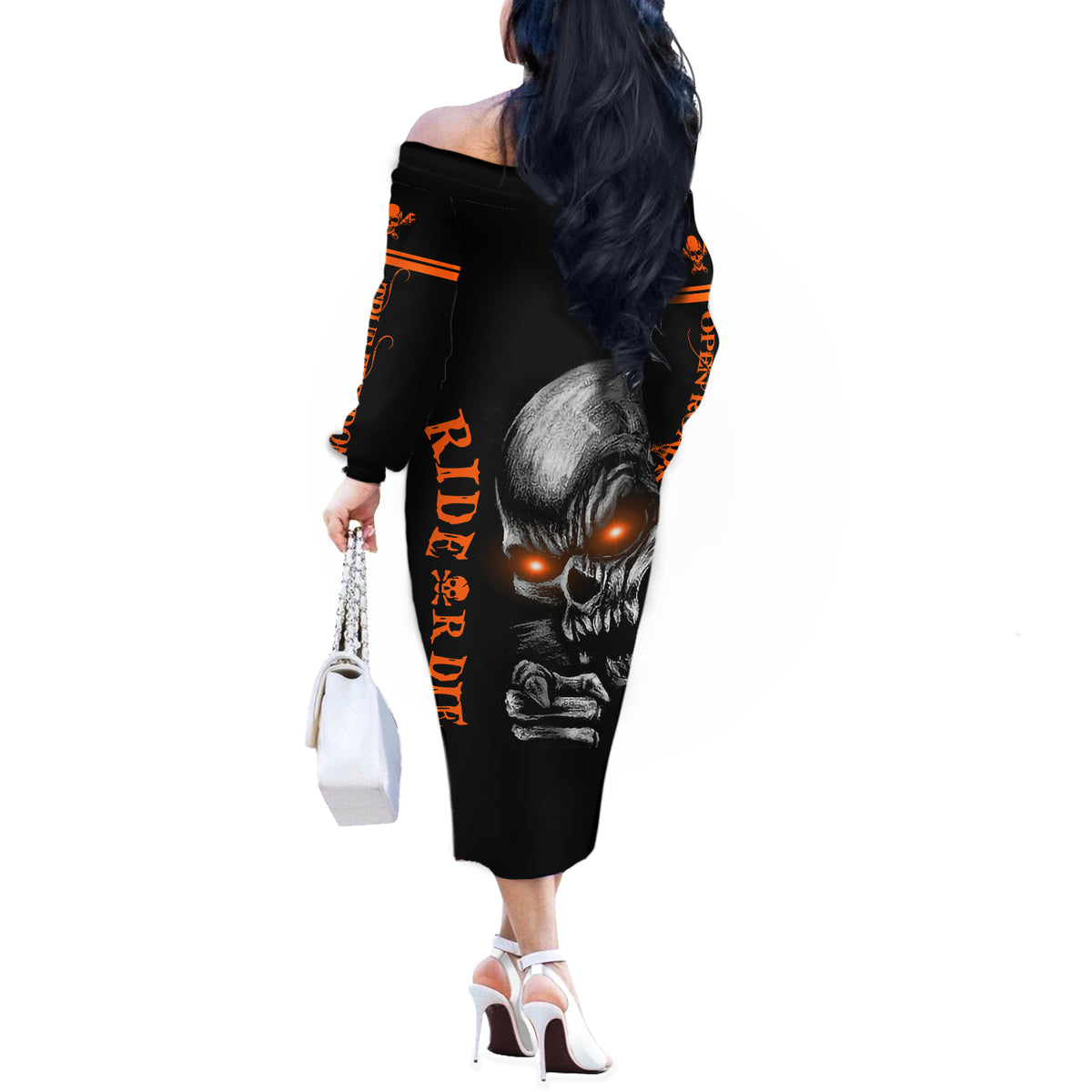 Skull Off The Shoulder Long Sleeve Dress Ride Or Die - Wonder Print Shop