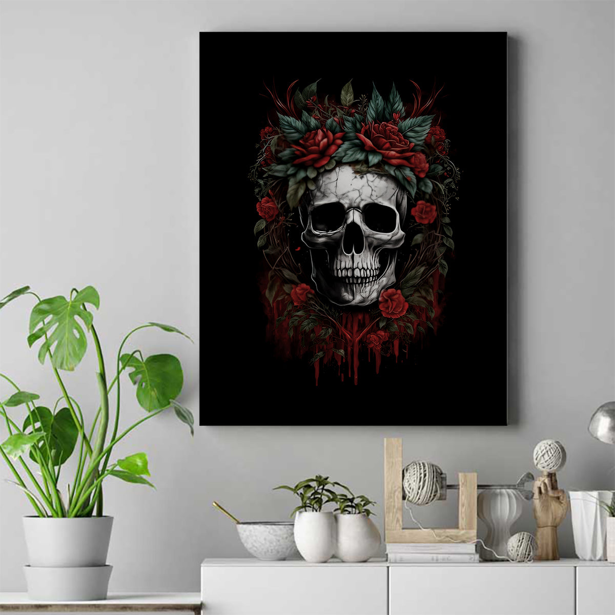 Skull Canvas Wall Art Red Rose - Wonder Print Shop