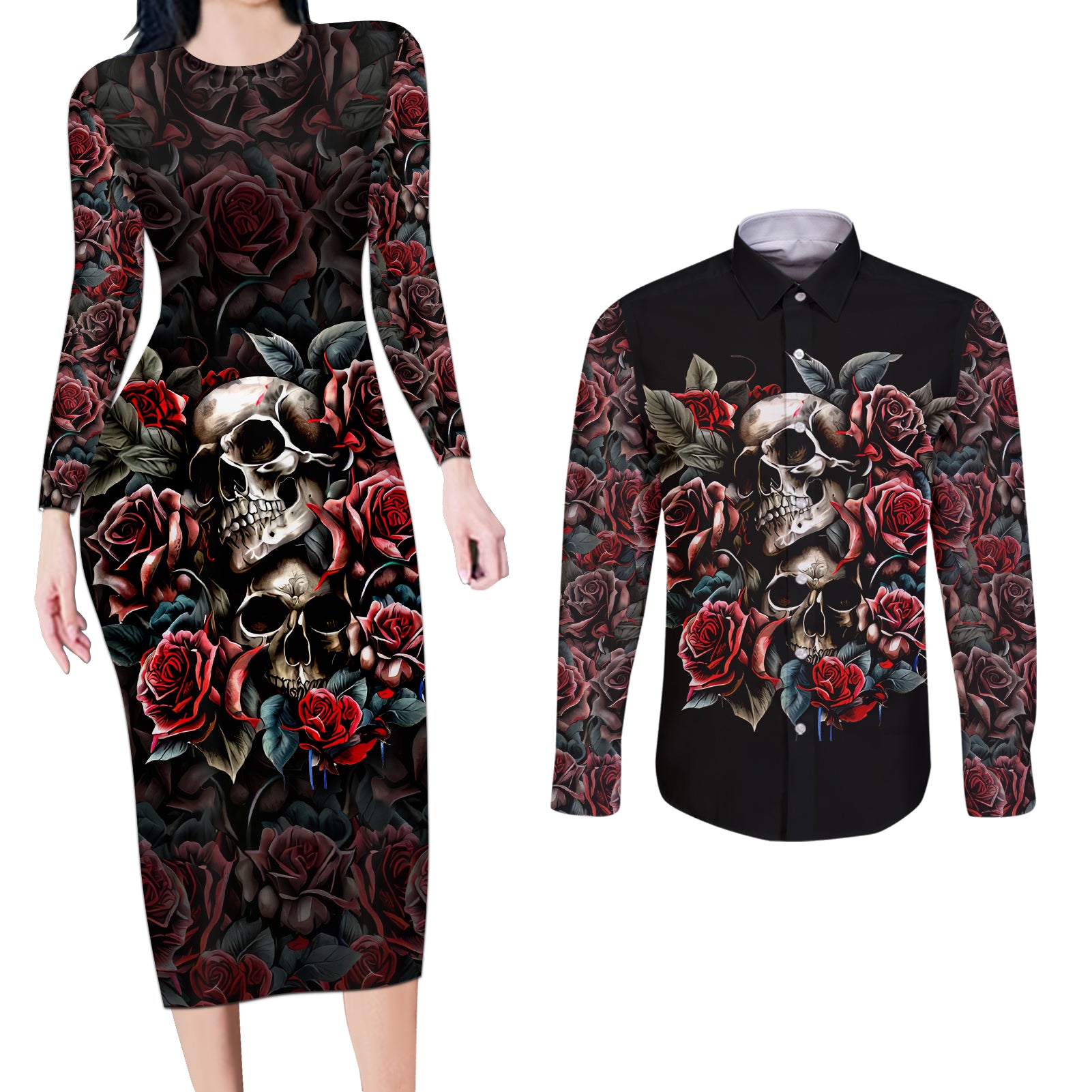 Skull Couples Matching Long Sleeve Bodycon Dress and Long Sleeve Button Shirts Red Rose - Wonder Print Shop