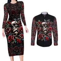Skull Couples Matching Long Sleeve Bodycon Dress and Long Sleeve Button Shirts Red Rose - Wonder Print Shop