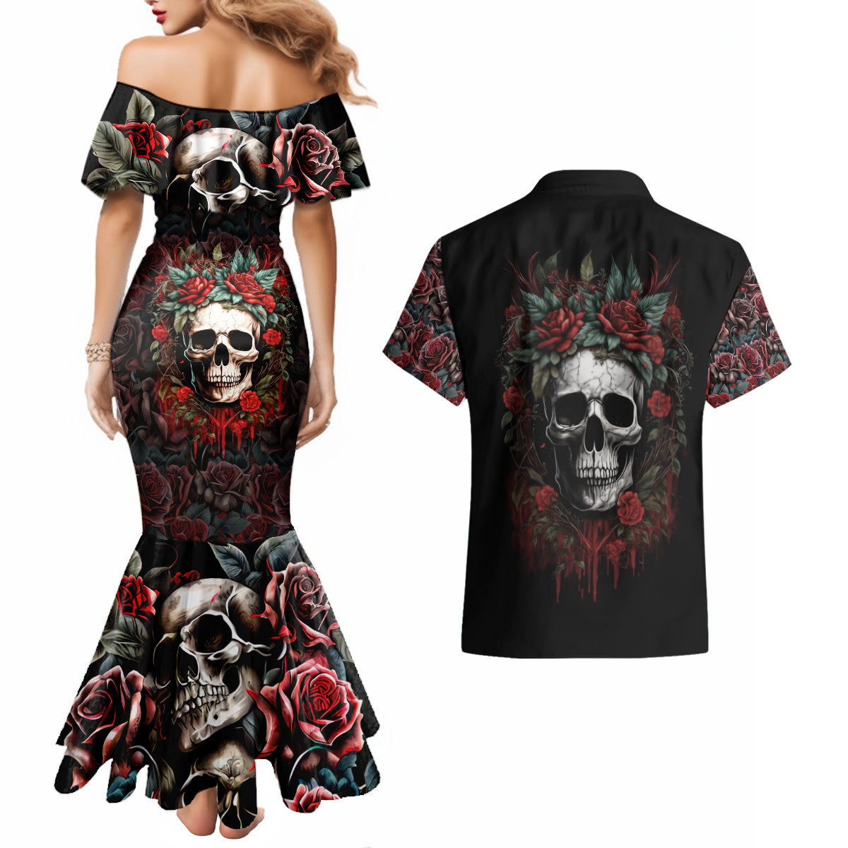 Skull Couples Matching Mermaid Dress And Hawaiian Shirt Red Rose - Wonder Print Shop