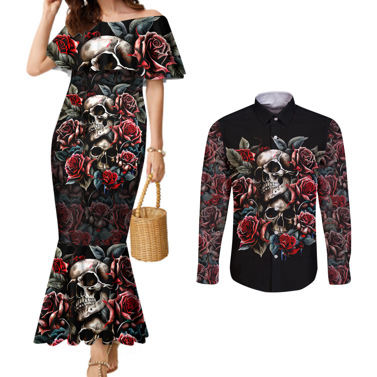 Skull Couples Matching Mermaid Dress and Long Sleeve Button Shirts Red Rose DT01