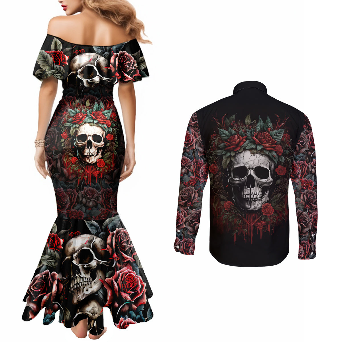 Skull Couples Matching Mermaid Dress and Long Sleeve Button Shirts Red Rose DT01