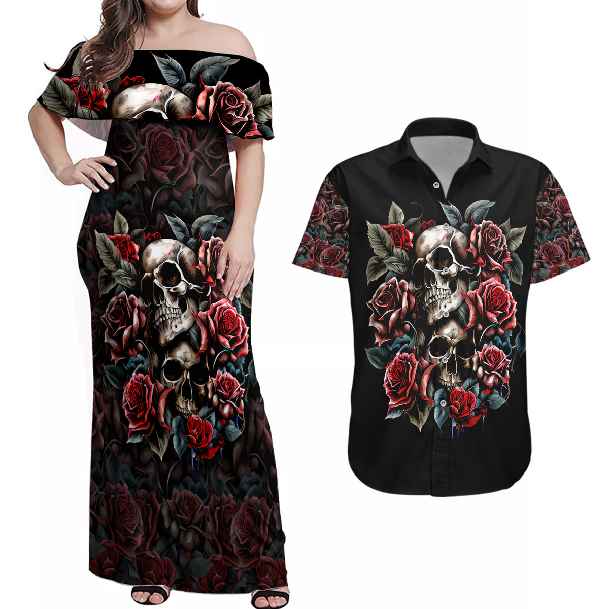 Skull Couples Matching Off Shoulder Maxi Dress and Hawaiian Shirt Red Rose - Wonder Print Shop