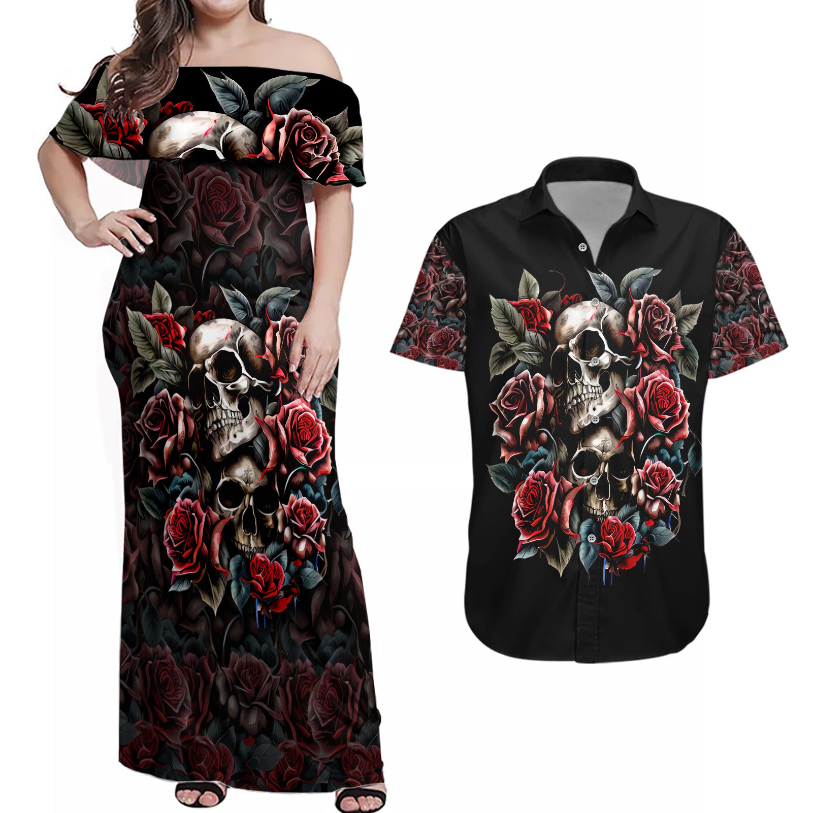 Skull Couples Matching Off Shoulder Maxi Dress and Hawaiian Shirt Red Rose - Wonder Print Shop