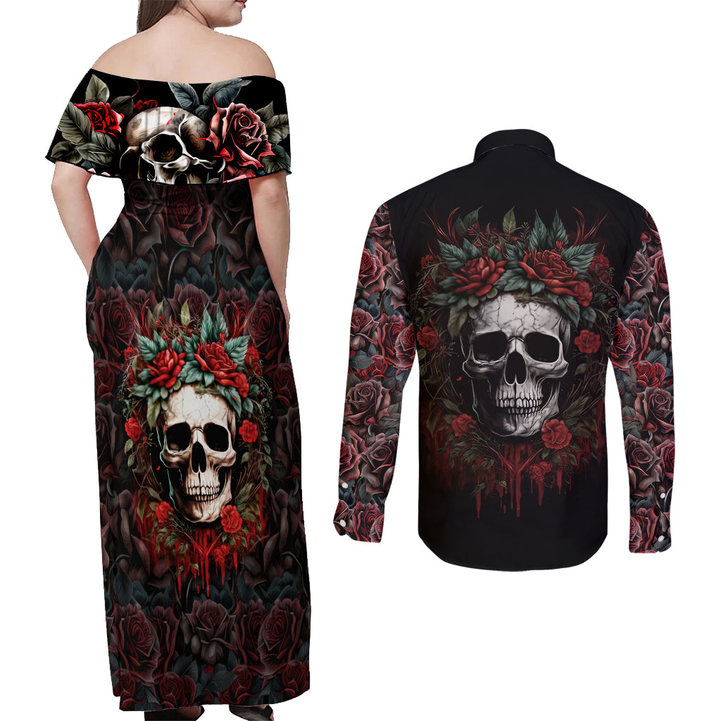 Skull Couples Matching Off Shoulder Maxi Dress and Long Sleeve Button Shirts Red Rose - Wonder Print Shop