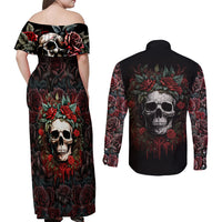 Skull Couples Matching Off Shoulder Maxi Dress and Long Sleeve Button Shirts Red Rose - Wonder Print Shop