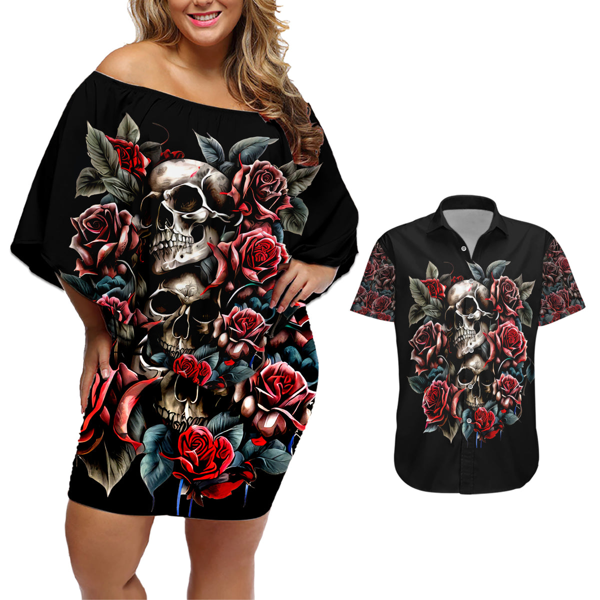 Skull Couples Matching Off Shoulder Short Dress and Hawaiian Shirt Red Rose - Wonder Print Shop