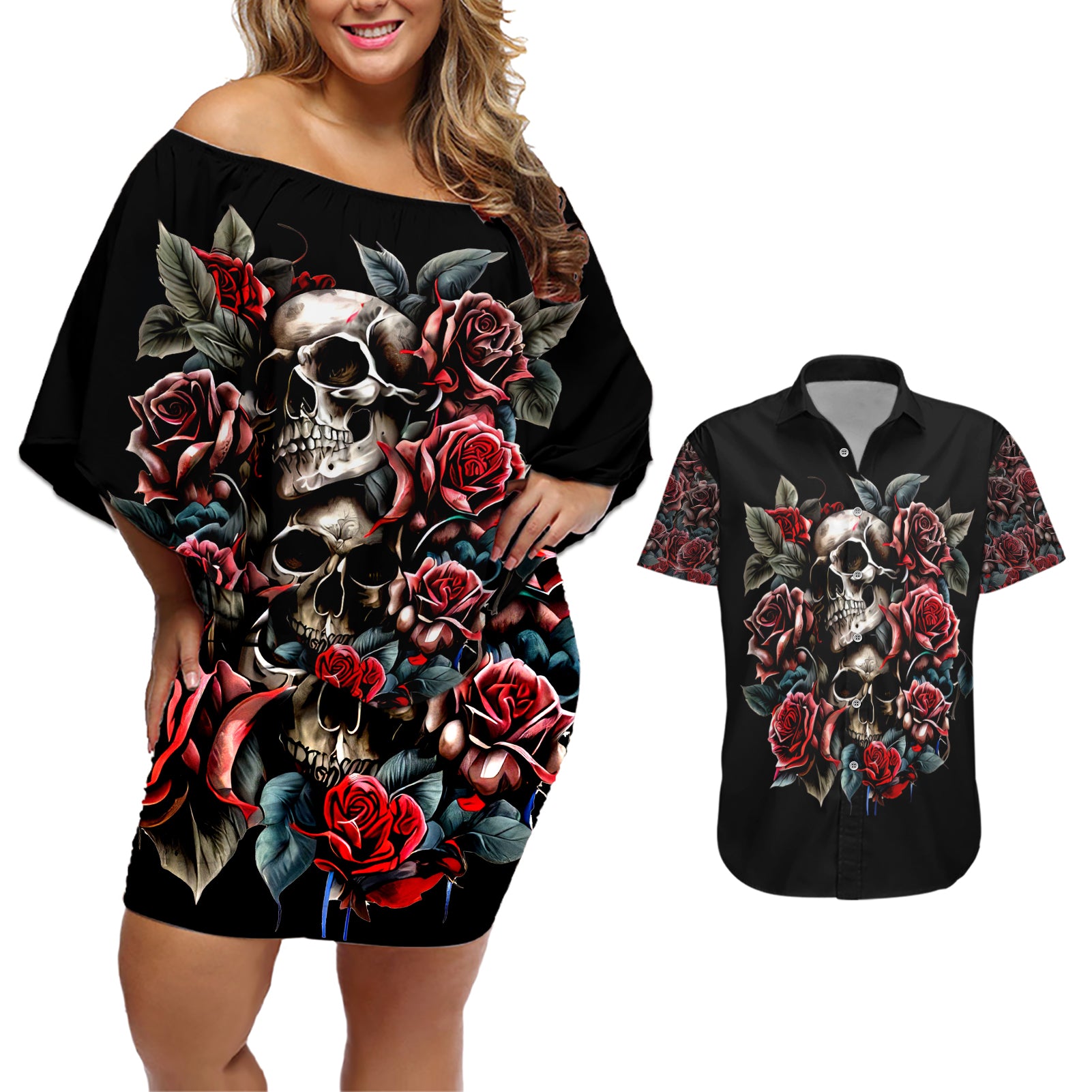 Skull Couples Matching Off Shoulder Short Dress and Hawaiian Shirt Red Rose - Wonder Print Shop