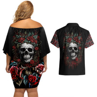Skull Couples Matching Off Shoulder Short Dress and Hawaiian Shirt Red Rose - Wonder Print Shop