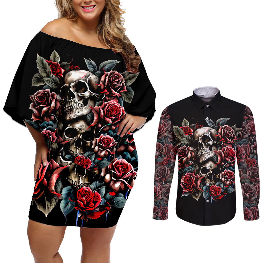 Skull Couples Matching Off Shoulder Short Dress and Long Sleeve Button Shirts Red Rose - Wonder Print Shop