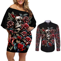 Skull Couples Matching Off Shoulder Short Dress and Long Sleeve Button Shirts Red Rose - Wonder Print Shop