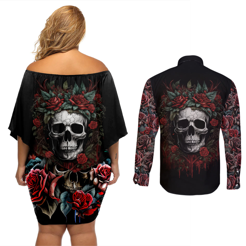 Skull Couples Matching Off Shoulder Short Dress and Long Sleeve Button Shirts Red Rose - Wonder Print Shop