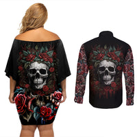 Skull Couples Matching Off Shoulder Short Dress and Long Sleeve Button Shirts Red Rose - Wonder Print Shop