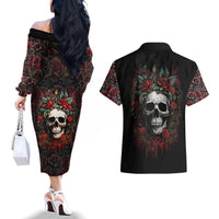 Skull Couples Matching Off The Shoulder Long Sleeve Dress and Hawaiian Shirt Red Rose - Wonder Print Shop