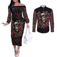 Skull Couples Matching Off The Shoulder Long Sleeve Dress and Long Sleeve Button Shirts Red Rose DT01