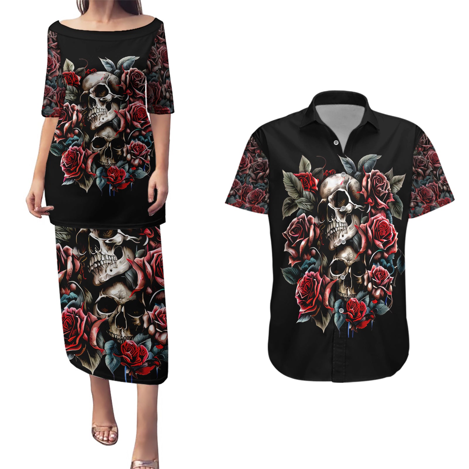 Skull Couples Matching Puletasi Dress and Hawaiian Shirt Red Rose - Wonder Print Shop