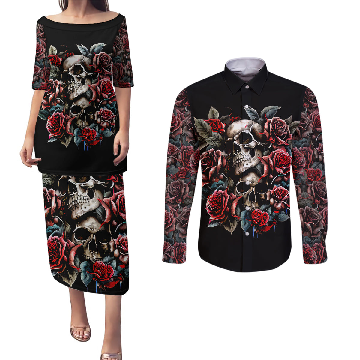 Skull Couples Matching Puletasi Dress and Long Sleeve Button Shirts Red Rose - Wonder Print Shop