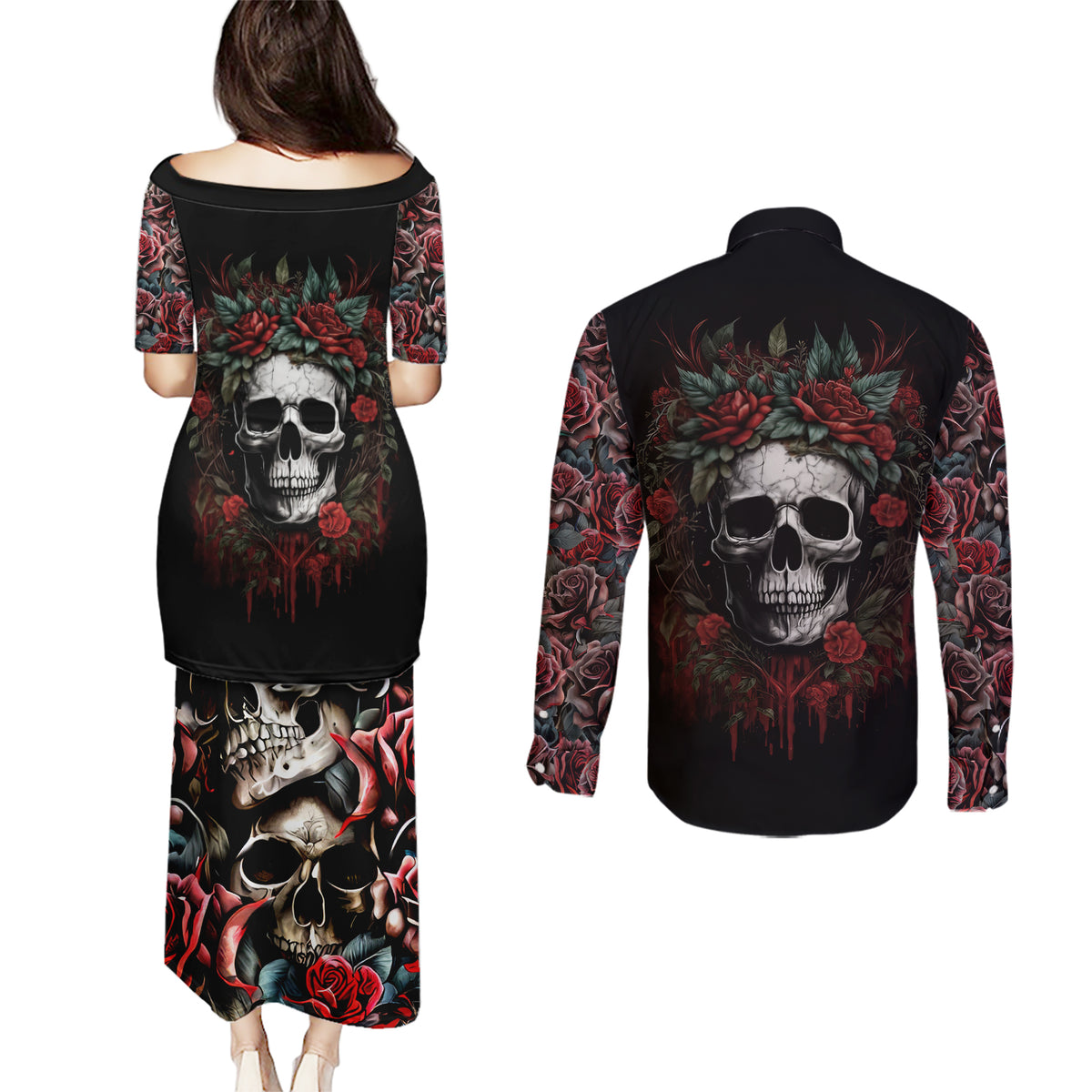 Skull Couples Matching Puletasi Dress and Long Sleeve Button Shirts Red Rose - Wonder Print Shop