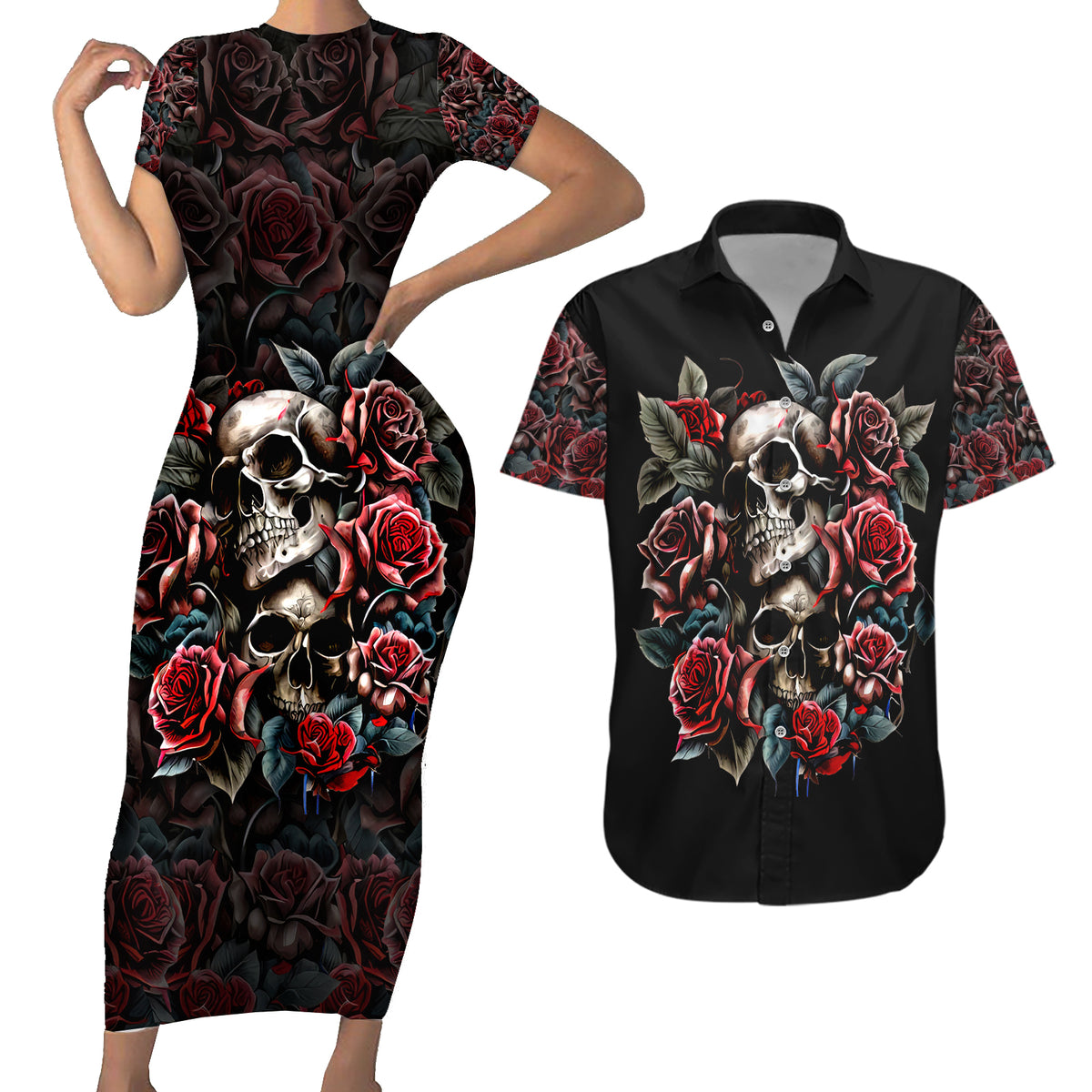 Skull Couples Matching Short Sleeve Bodycon Dress and Hawaiian Shirt Red Rose - Wonder Print Shop
