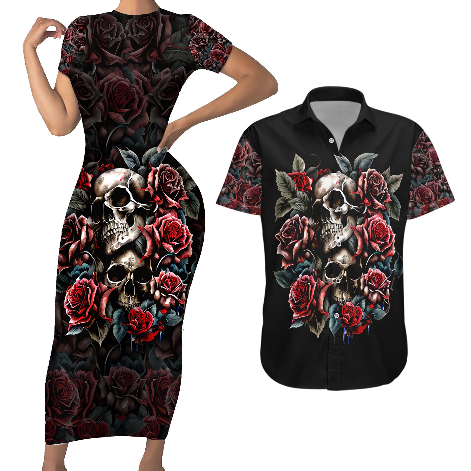 Skull Couples Matching Short Sleeve Bodycon Dress and Hawaiian Shirt Red Rose - Wonder Print Shop