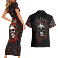 Skull Couples Matching Short Sleeve Bodycon Dress and Hawaiian Shirt Red Rose - Wonder Print Shop