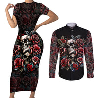 Skull Couples Matching Short Sleeve Bodycon Dress and Long Sleeve Button Shirts Red Rose - Wonder Print Shop