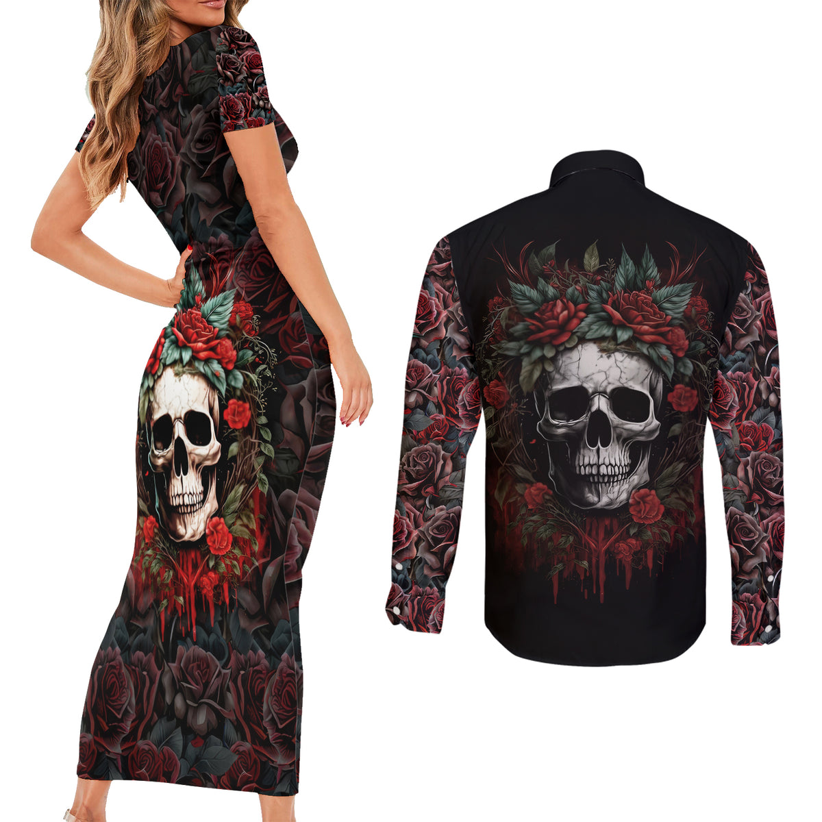 Skull Couples Matching Short Sleeve Bodycon Dress and Long Sleeve Button Shirts Red Rose - Wonder Print Shop