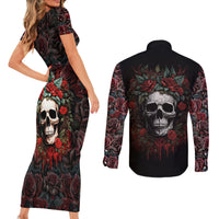 Skull Couples Matching Short Sleeve Bodycon Dress and Long Sleeve Button Shirts Red Rose - Wonder Print Shop