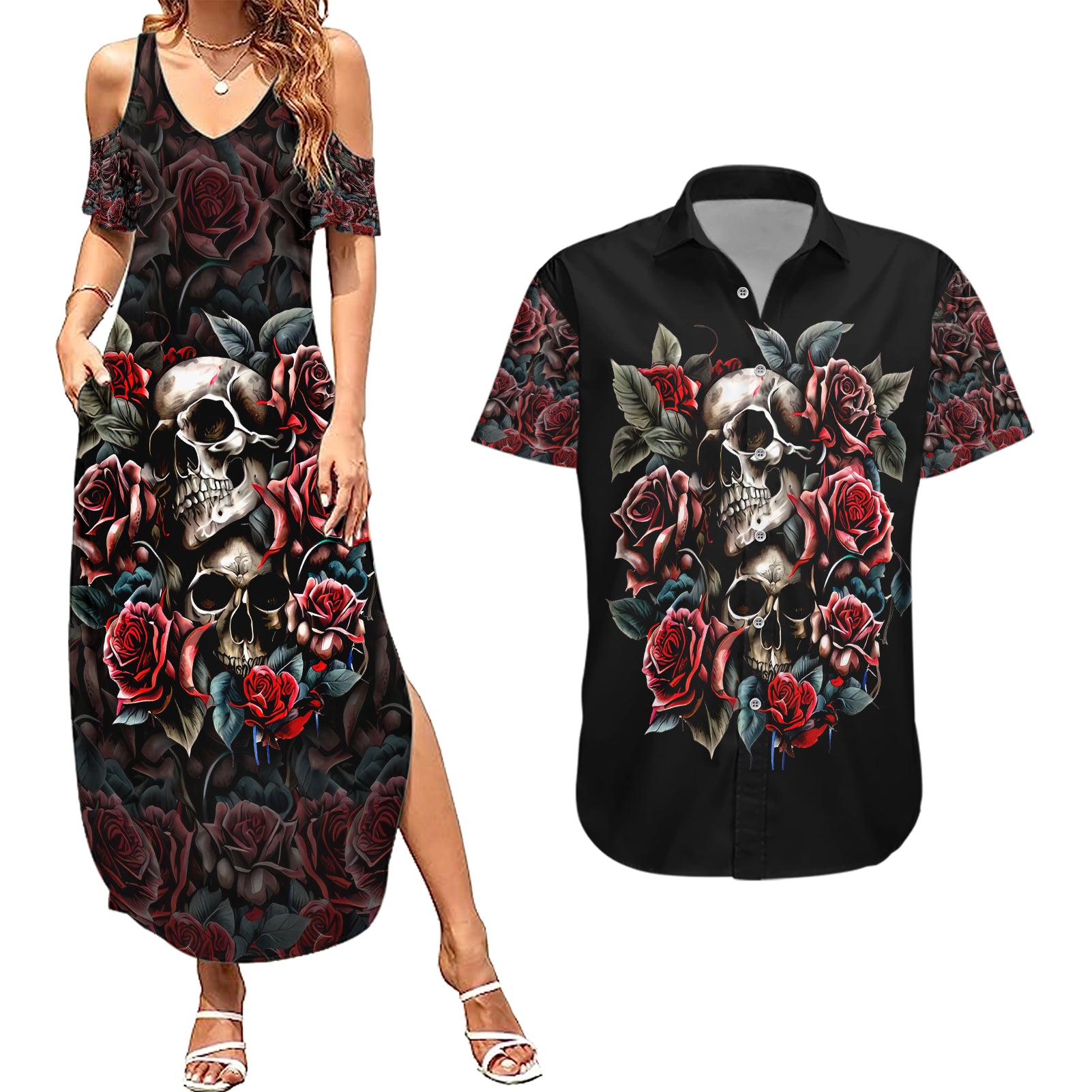Skull Couples Matching Summer Maxi Dress and Hawaiian Shirt Red Rose - Wonder Print Shop