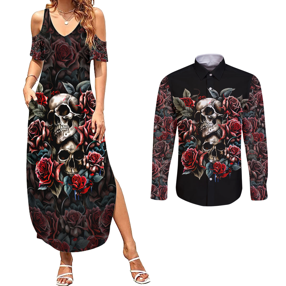 Skull Couples Matching Summer Maxi Dress and Long Sleeve Button Shirts Red Rose - Wonder Print Shop