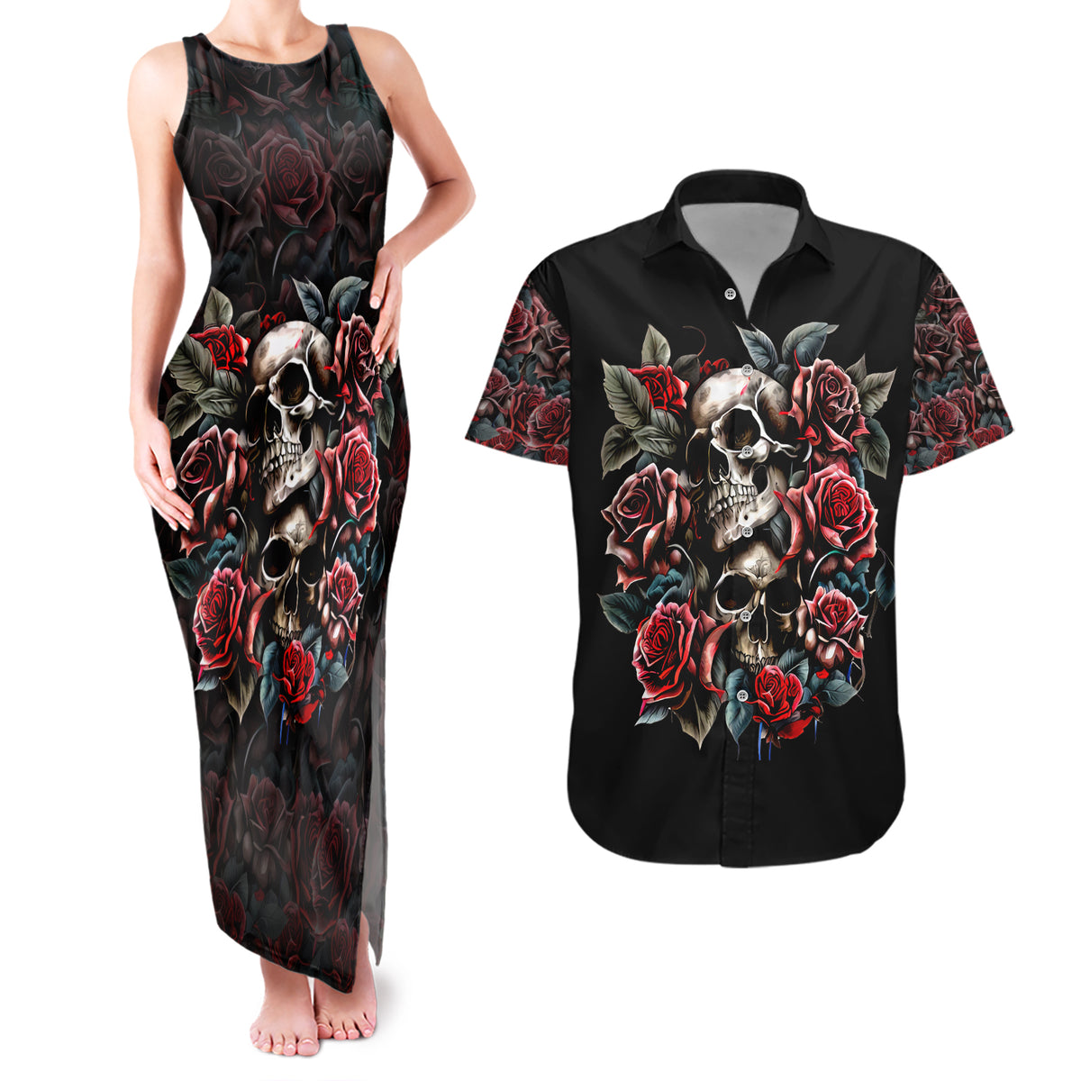 Skull Couples Matching Tank Maxi Dress And Hawaiian Shirt Red Rose - Wonder Print Shop