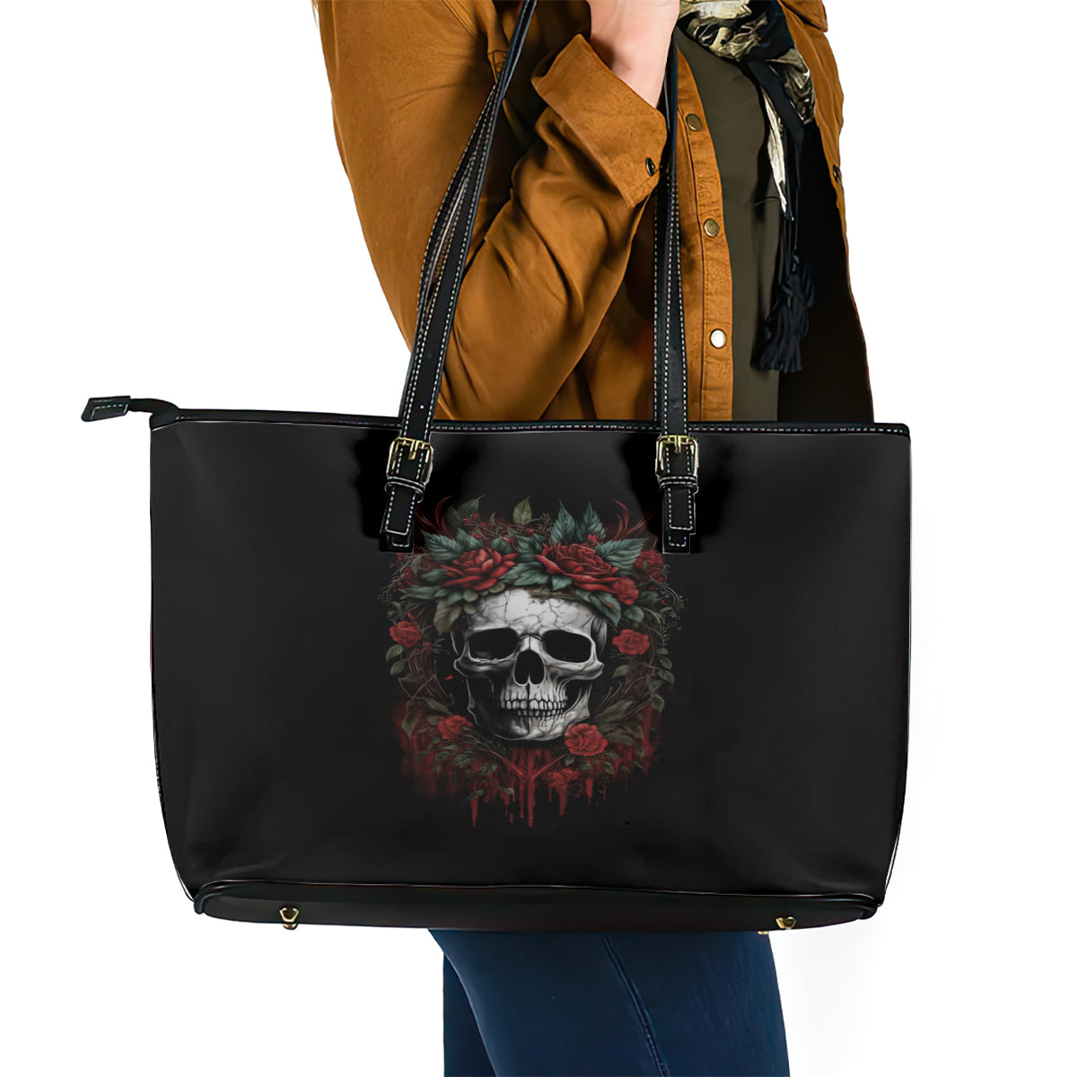 Skull Leather Tote Bag Red Rose - Wonder Print Shop