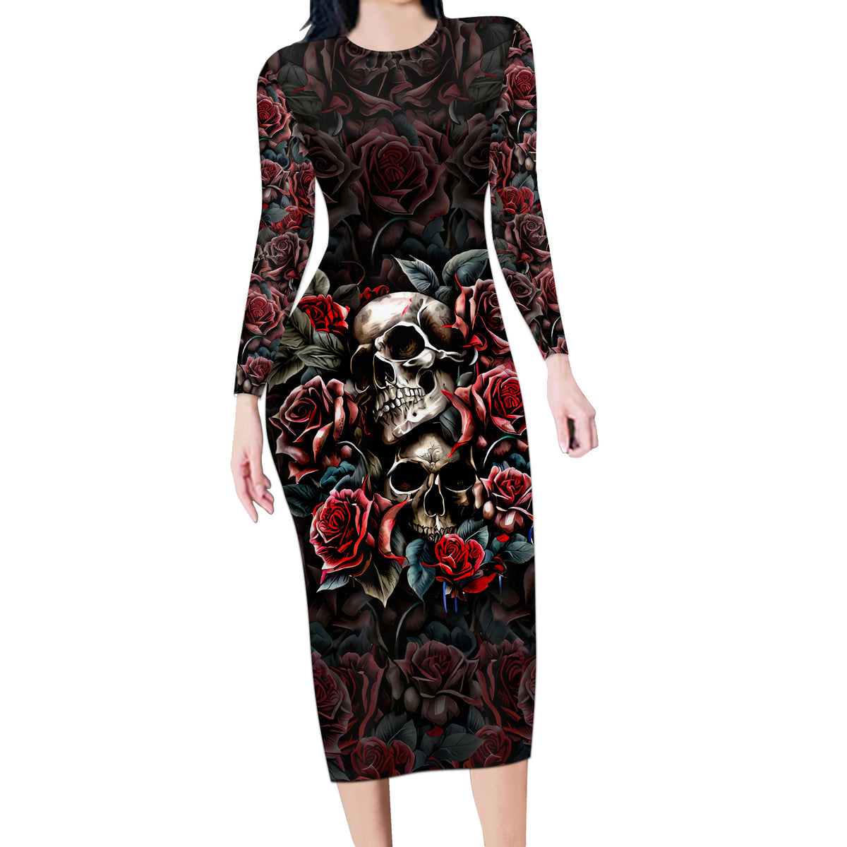Skull Long Sleeve Bodycon Dress Red Rose - Wonder Print Shop