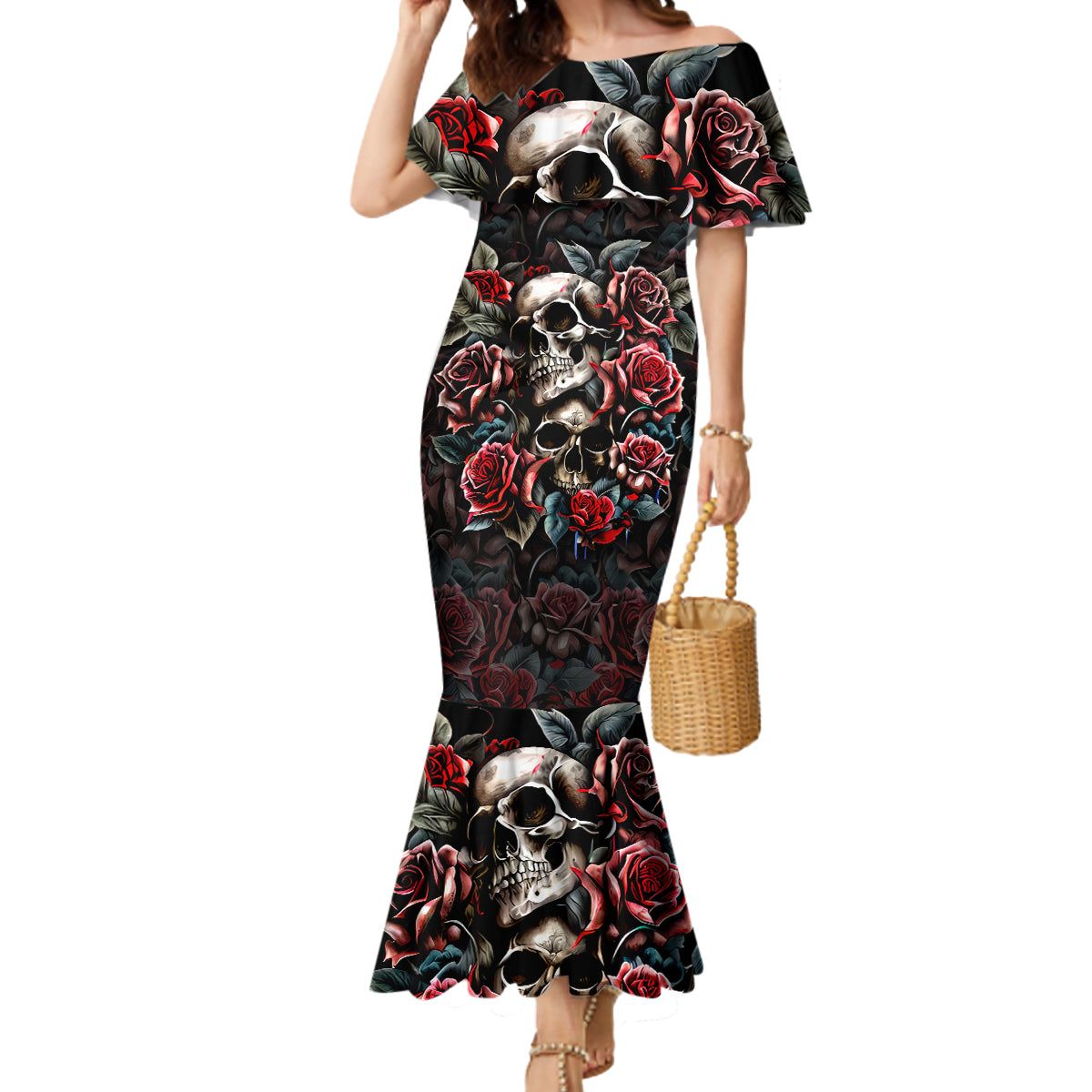 Skull Mermaid Dress Red Rose - Wonder Print Shop