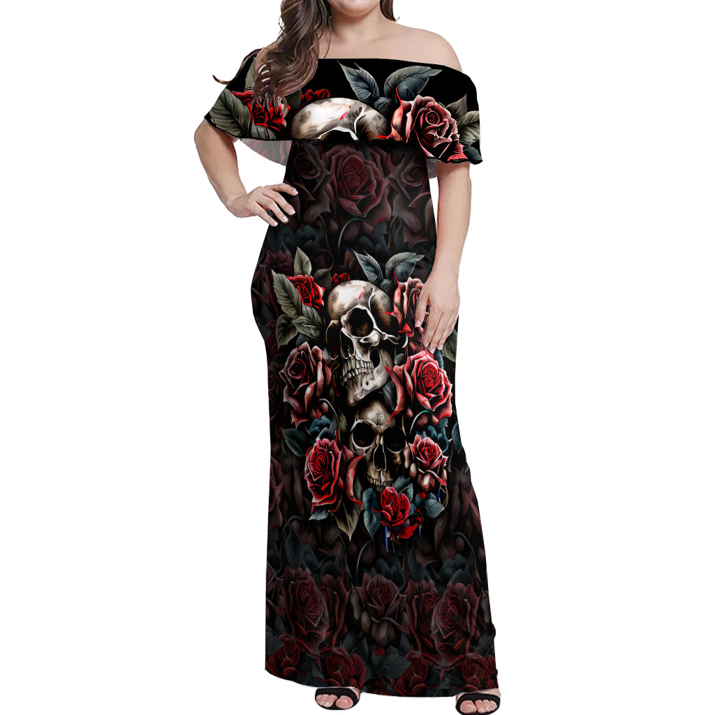Skull Off Shoulder Maxi Dress Red Rose - Wonder Print Shop