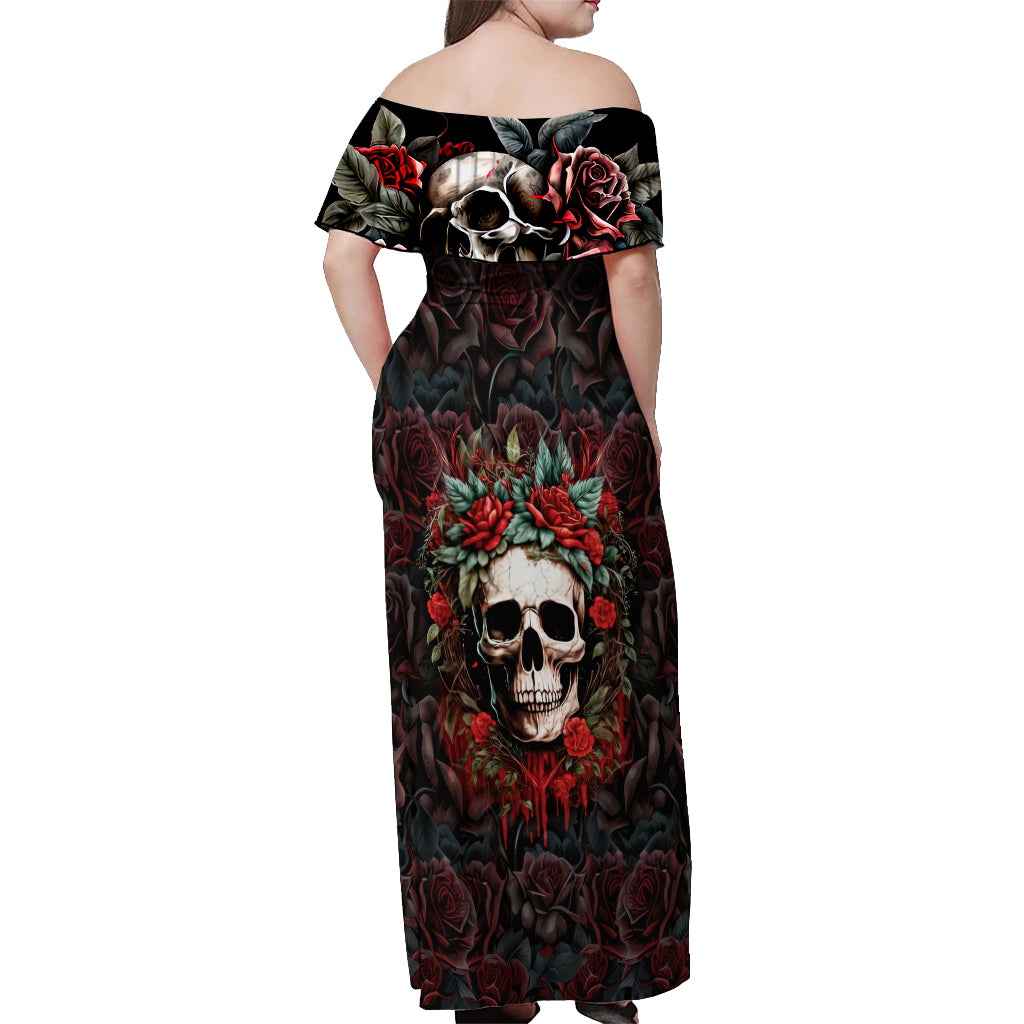 Skull Off Shoulder Maxi Dress Red Rose - Wonder Print Shop