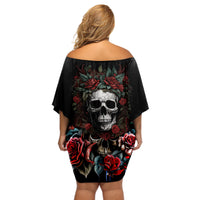 Skull Off Shoulder Short Dress Red Rose - Wonder Print Shop
