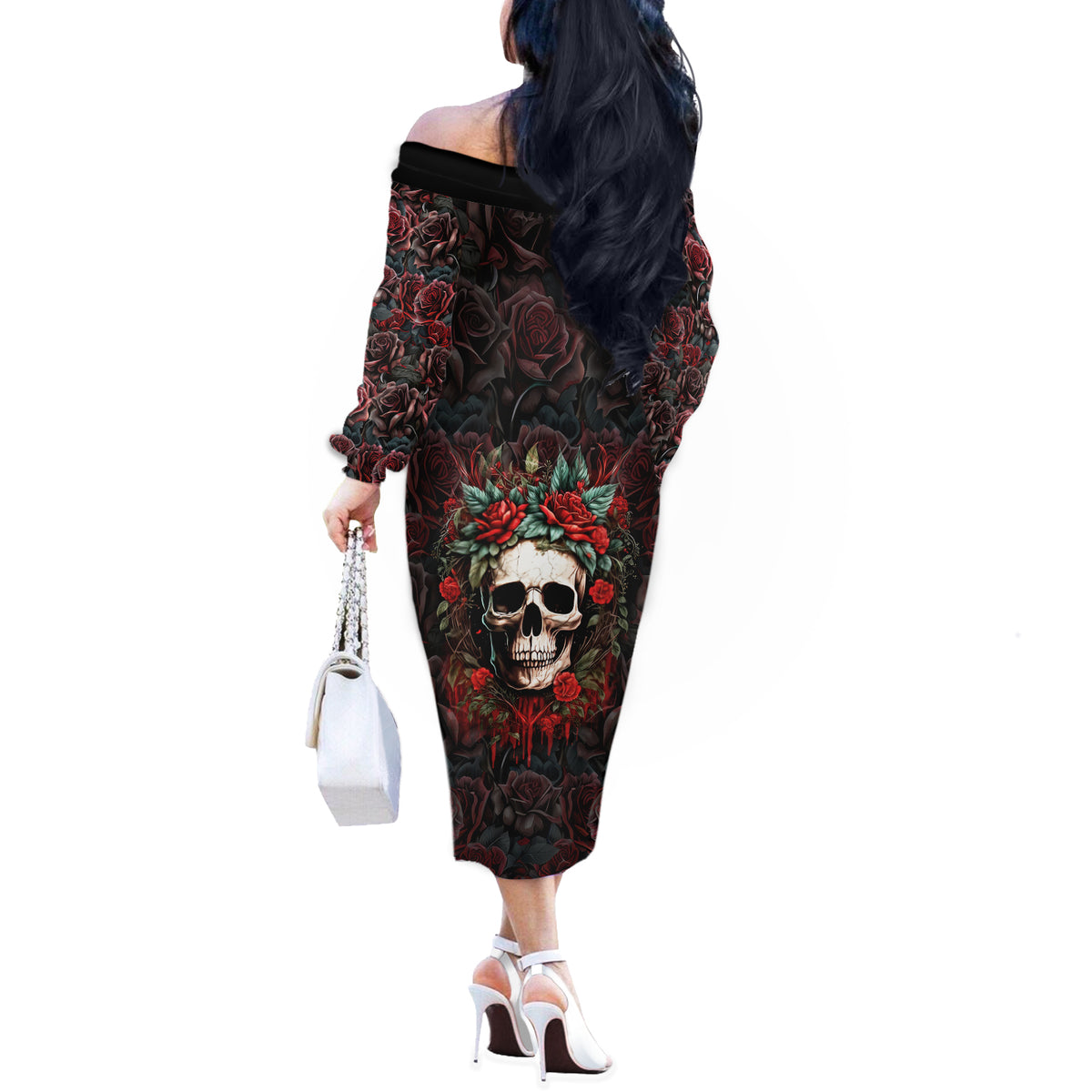 Skull Off The Shoulder Long Sleeve Dress Red Rose - Wonder Print Shop