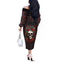 Skull Off The Shoulder Long Sleeve Dress Red Rose - Wonder Print Shop