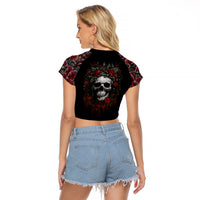 Skull Raglan Cropped T Shirt Red Rose - Wonder Print Shop