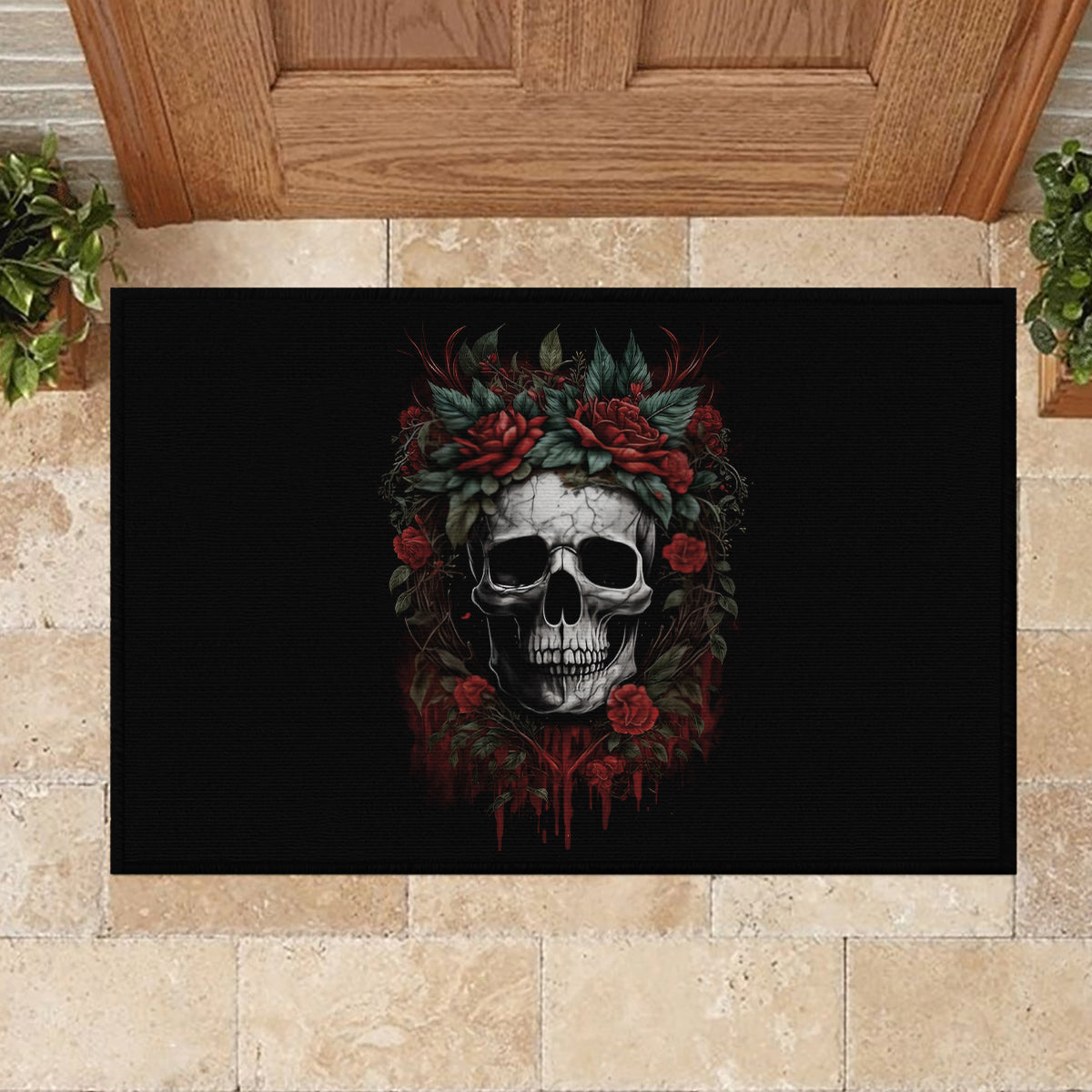 Skull Rubber Doormat Red Rose - Wonder Print Shop