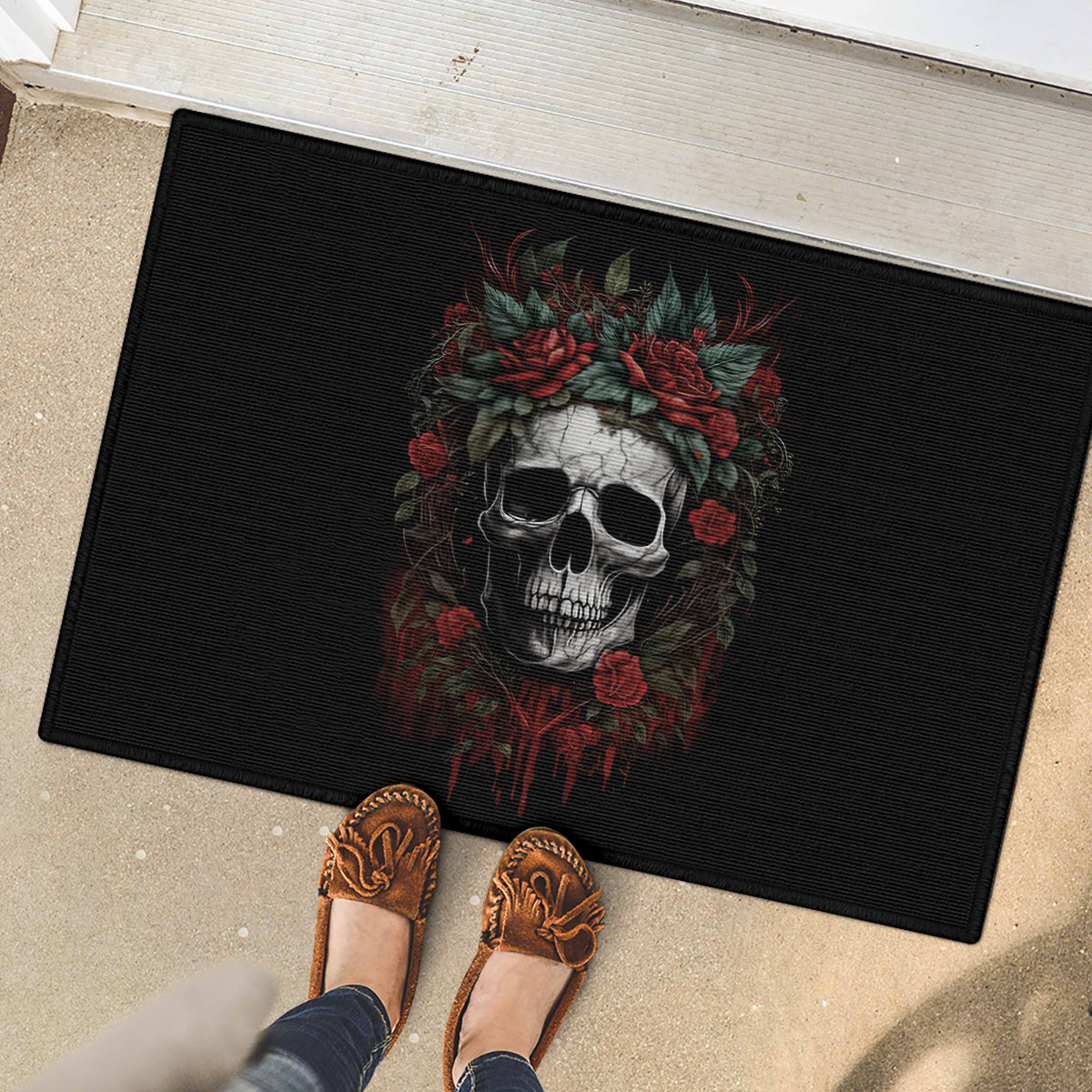 Skull Rubber Doormat Red Rose - Wonder Print Shop