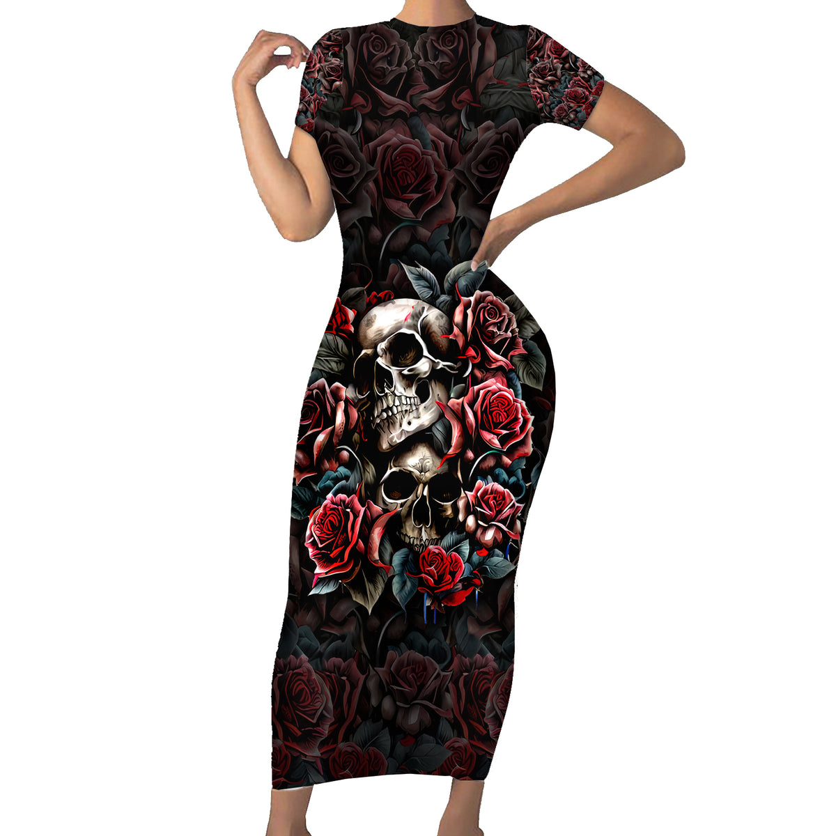 Skull Short Sleeve Bodycon Dress Red Rose - Wonder Print Shop