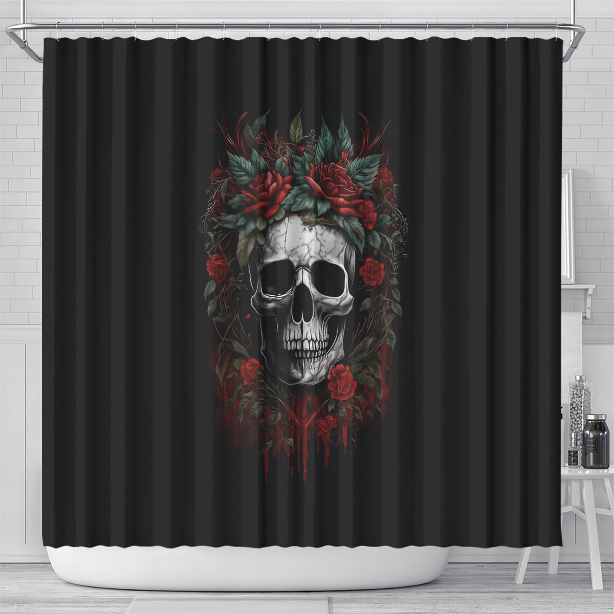 skull-shower-curtain-red-rose