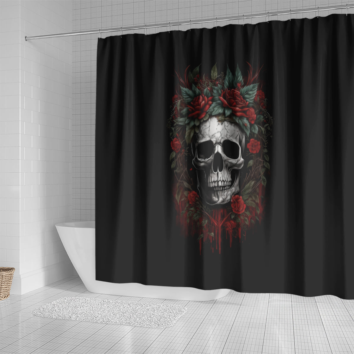 skull-shower-curtain-red-rose