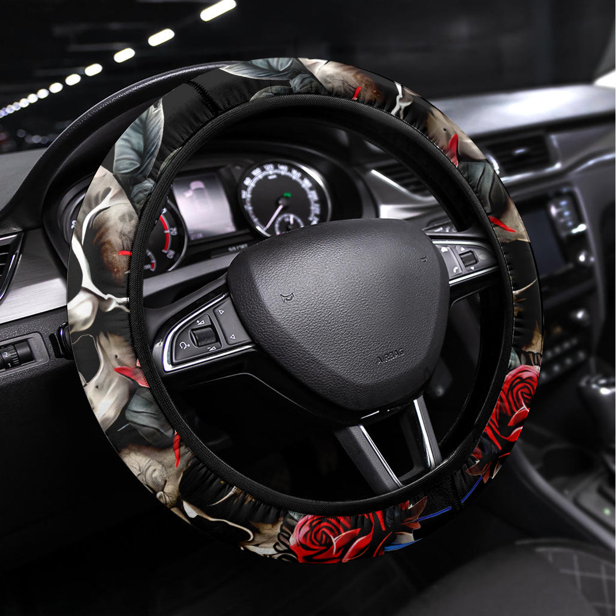 Skull Steering Wheel Cover Red Rose - Wonder Print Shop