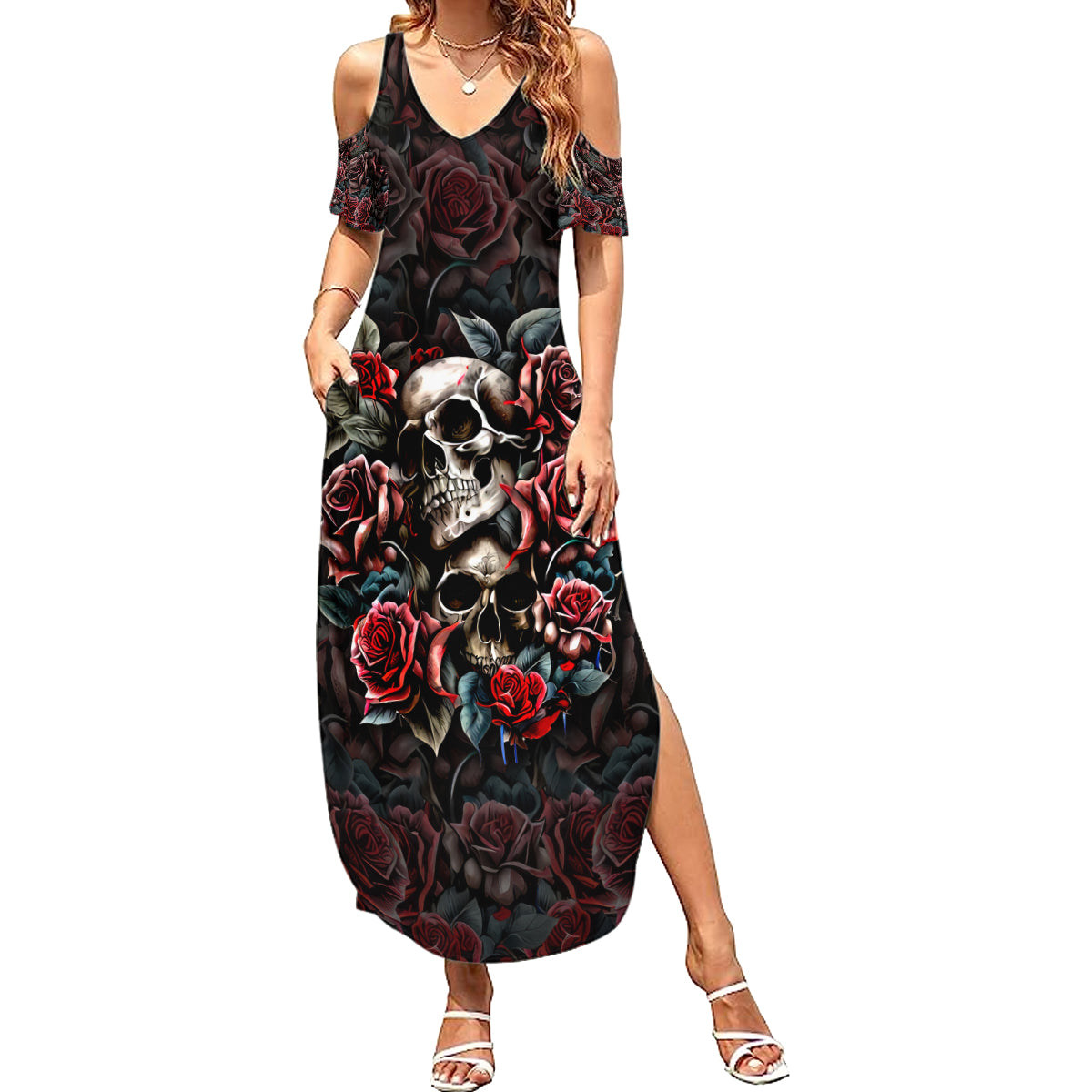 Skull Summer Maxi Dress Red Rose - Wonder Print Shop