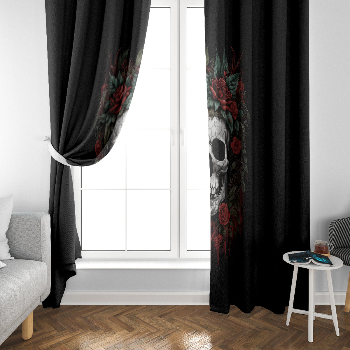 Skull Window Curtain Red Rose - Wonder Print Shop