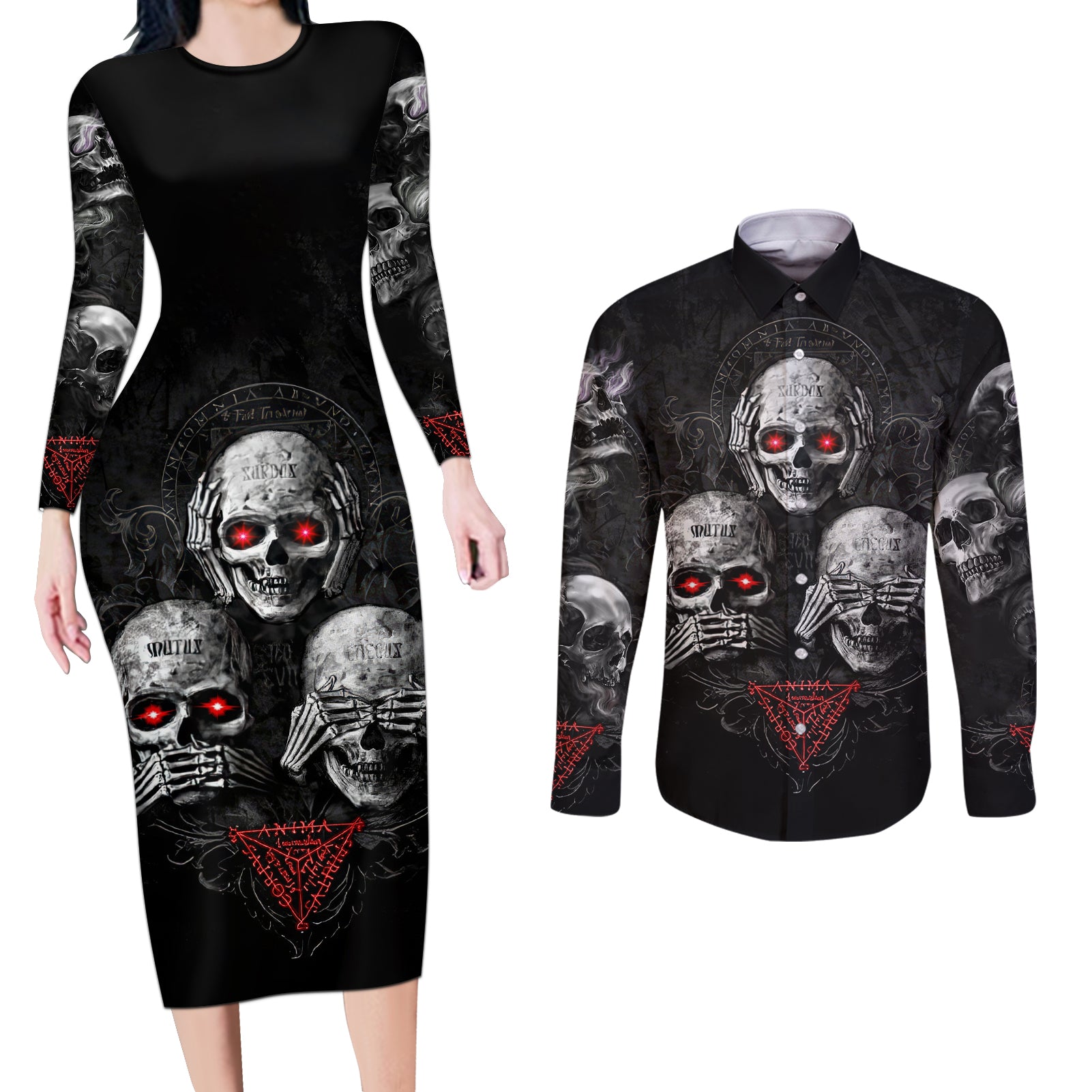 Skull Couples Matching Long Sleeve Bodycon Dress and Long Sleeve Button Shirts No See No Hear No Speak Evil - Wonder Print Shop
